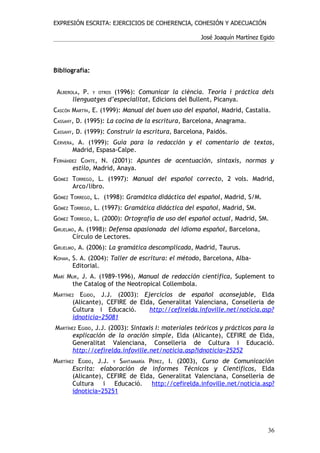 EXPRESIÓN ESCRITA: EJERCICIOS DE COHERENCIA, COHESIÓN Y ADECUACIÓN

                                                     José Joaquín Martínez Egido




Bibliografía:


 ALBEROLA, P. Y OTROS (1996): Comunicar la ciència. Teoria i práctica dels
       llenguatges d’especialitat, Edicions del Bullent, Picanya.
CASCÓN MARTÍN, E. (1999): Manual del buen uso del español, Madrid, Castalia.
CASSANY, D. (1995): La cocina de la escritura, Barcelona, Anagrama.
CASSANY, D. (1999): Construir la escritura, Barcelona, Paidós.
CERVERA, A. (1999): Guía para la redacción y el comentario de textos,
       Madrid, Espasa-Calpe.
FERNÁNDEZ CONTE, N. (2001): Apuntes de acentuación, sintaxis, normas y
       estilo, Madrid, Anaya.
GÓMEZ TORREGO, L. (1997): Manual del español correcto, 2 vols. Madrid,
      Arco/libro.
GÓMEZ TORREGO, L. (1998): Gramática didáctica del español, Madrid, S/M.
GÓMEZ TORREGO, L. (1997): Gramática didáctica del español, Madrid, SM.
GÓMEZ TORREGO, L. (2000): Ortografía de uso del español actual, Madrid, SM.
GRIJELMO, A. (1998): Defensa apasionada del idioma español, Barcelona,
        Círculo de Lectores.
GRIJELMO, A. (2006): La gramática descomplicada, Madrid, Taurus.
KOHAN, S. A. (2004): Taller de escritura: el método, Barcelona, Alba-
       Editorial.
MARÍ MUR, J. A. (1989-1996), Manual de redacción científica, Suplement to
      the Catalog of the Neotropical Collembola.
MARTÍNEZ EGIDO, J.J. (2003): Ejercicios de español aconsejable, Elda
       (Alicante), CEFIRE de Elda, Generalitat Valenciana, Conselleria de
       Cultura i Educació.      http://cefirelda.infoville.net/noticia.asp?
       idnoticia=25081
MARTÍNEZ EGIDO, J.J. (2003): Sintaxis I: materiales teóricos y prácticos para la
       explicación de la oración simple, Elda (Alicante), CEFIRE de Elda,
       Generalitat Valenciana, Conselleria de Cultura i Educació.
       http://cefirelda.infoville.net/noticia.asp?idnoticia=25252
MARTÍNEZ EGIDO, J.J. Y SANTAMARÍA PÉREZ, I. (2003), Curso de Comunicación
       Escrita: elaboración de informes Técnicos y Científicos, Elda
       (Alicante), CEFIRE de Elda, Generalitat Valenciana, Conselleria de
       Cultura i Educació. http://cefirelda.infoville.net/noticia.asp?
       idnoticia=25251




                                                                             36
 