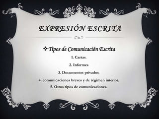 EXPRESIÓN ESCRITA

  Tipos de Comunicación Escrita
                   1. Cartas.
                 2. Informes
           3. Documentos privados.
4. comunicaciones breves y de régimen interior.
      5. Otros tipos de comunicaciones.
 