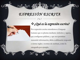 EXPRESIÓN ESCRITA

     ¿Qué es la expresión escrita?
     Por expresión escrita entendemos el lenguaje
     humano que se plasma mediante símbolos y signos,
     que configuran palabras, y que nos permiten
     transmitir información, dicha codificación responde
     a ciertas reglas y normas de escritura, como la
     ortografía por ejemplo.
 