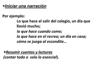 +Resumir cuentos y lecturas
(contar todo o solo lo esencial).
lo que hace cuando come;
lo que hace en el recreo; un día en casa;
cómo se juega al escondite…
+Iniciar una narración
Por ejemplo:
Lo que hace al salir del colegio, un día que
llovió mucho;
 