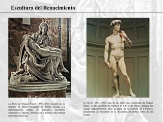 Escultura del Renacimiento
La Pietà de Miguel Ángel (1498-1500), muestra en su
mármol un efecto dinámico de formas fluidas. La
representación realista de músculos, miembros
anatómicos y tejidos, provoca en el público una intensa
reacción emocional.
El David (1501-1504), una de las obras más conocidas de Miguel
Ángel, es una escultura en mármol de 4,34 m de altura. Aunque fue
creada originariamente para la plaza de la Señoría de Florencia,
actualmente se encuentra en la Academia de Bellas Artes de esa
ciudad.
 