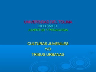 UNIVERSIDAD DEL TOLIMAUNIVERSIDAD DEL TOLIMA
DIPLOMADODIPLOMADO
JUVENTUD Y PEDAGOGIAJUVENTUD Y PEDAGOGIA
CULTURAS JUVENILESCULTURAS JUVENILES
Y/OY/O
TRIBUS URBANASTRIBUS URBANAS
 