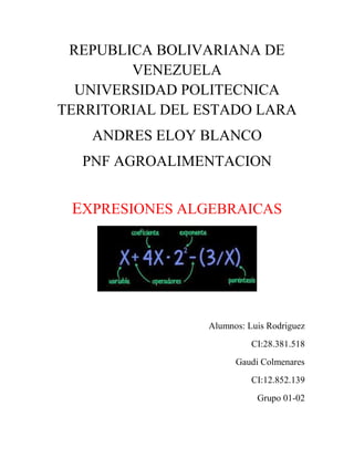 REPUBLICA BOLIVARIANA DE
VENEZUELA
UNIVERSIDAD POLITECNICA
TERRITORIAL DEL ESTADO LARA
ANDRES ELOY BLANCO
PNF AGROALIMENTACION
EXPRESIONES ALGEBRAICAS
Alumnos: Luis Rodriguez
CI:28.381.518
Gaudi Colmenares
CI:12.852.139
Grupo 01-02
 