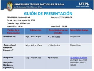 GUIÓN DE PRESENTACIÓN
    PROGRAMA: Matemática I                     Carrera: CCEE-EB-FM-QB
    Fecha: Loja, 9 de agosto de 2012
    Docente: Mgs. Alicia Capa
    Hora Inicio: 16:30                        Hora Final: 16:45
    Puntos de la              Intervienen   Duración Aprox. en    Material de Apoyo
    Presentación                                 minutos
- Presentación           Mgs. Alicia Capa   • 3 minutos           Diapositivas



-Desarrollo del          Mgs. Alicia Capa   • 10 minutos          Diapositivas
contenido:
Unidades: 7


- Preguntas              Mgs. Alicia Capa   •2 minutos            ajcapa@utpl.edu.ec
                                                                  2570-275 Ext. 2939
- Despedida                                                       Miércoles 08h00-
(Contactos,                                                       10h00
Sugerencias)
 