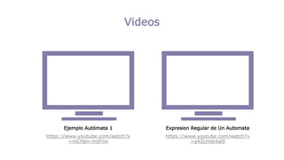 Videos
Expresion Regular de Un Automata
https://www.youtube.com/watch?v
=a4ZLHsb4al0
Ejemplo Autómata 1
https://www.youtube.com/watch?v
=mCHpn-msFnw
 