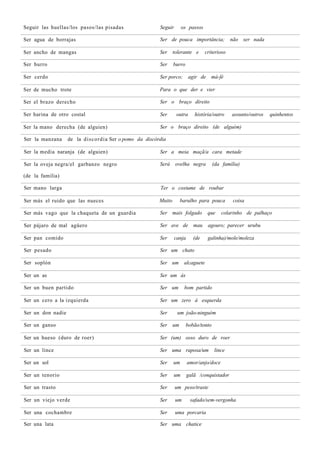 Seguir las huellas/los pasos/las pisadas               Seguir       os passos

Ser agua de borrajas                                   Ser de pouca importância;              não ser nada

Ser ancho de mangas                                    Ser     tolerante e       criterioso

Ser burro                                              Ser     burro

Ser cerdo                                              Ser porco;        agir de    má-fé

Ser de mucho trote                                     Para o que der e vier

Ser el brazo derecho                                   Ser o braço direito

Ser harina de otro costal                              Ser       outra     história/outro     assunto/outros   quinhentos

Ser la mano derecha (de alguien)                       Ser o braço direito (de alguém)

Ser la manzana     de la discordia Ser o pomo da discórdia

Ser la media naranja (de alguien)                      Ser a meia maçã/a cara metade

Ser la oveja negra/el garbanzo negro                   Será     ovelha negra         (da família)

(de la familia)

Ser mano larga                                         Ter o costume de roubar

Ser más el ruido que las nueces                        Muito        barulho para pouca         coisa

Ser más vago que la chaqueta de un guardia             Ser mais folgado            que   colarinho de palhaço

Ser pájaro de mal agüero                               Ser ave de mau              agouro; parecer urubu

Ser pan comido                                         Ser      canja     (de      galinha)/mole/moleza

Ser pesado                                             Ser um chato

Ser soplón                                             Ser um        alcaguete

Ser un as                                              Ser um ás

Ser un buen partido                                    Ser um        bom partido

Ser un cero a la izquierda                             Ser um zero à esquerda

Ser un don nadie                                       Ser       um joão-ninguém

Ser un ganso                                           Ser     um      bobão/tonto

Ser un hueso (duro de roer)                            Ser (um) osso duro de roer

Ser un lince                                           Ser uma raposa/um             lince

Ser un sol                                             Ser     um       amor/anjo/doce

Ser un tenorio                                         Ser     um       galã /conquistador

Ser un trasto                                          Ser      um peso/traste

Ser un viejo verde                                     Ser      um       safado/sem-vergonha

Ser una cochambre                                      Ser      uma porcaria

Ser una lata                                           Ser uma chatice
 