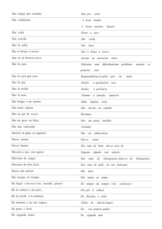 Dar (algo) por sentado                    Dar por         certo

Dar calabazas                              1. levar bomba.

                                          2. Levar um fora;           dançar

Dar coba                                  Puxar o saco

Dar cuerda                                Dar      corda

Dar el callo                              Dar      duro

Dar el brazo a torcer                     Dar o braço a torcer

Dar en el blanco/clavo                    Acertar na         mosca/em        cheio

Dar la cara                               Enfrentar       uma     dificuldade/um        problema;   assumir   os

                                          próprios        atos

Dar la cara por otro                      Responsabilizar-se pelos atos              de     outro

Dar la lata                               Encher       a paciência/o saco

Dar la noche                              Encher          a paciência

Dar la nota                               Chamar       a atenção,         aparecer

Dar largas a un asunto                    Adiar      alguma       coisa

Dar mala espina                           Dar     um frio na espinha

Dar un par de voces                       Reclamar

Dar un paso en falso                      Dar      um passo       em falso

Dar una cabezada                          Cochilar

Dar(le) la gana (a alguien)               Dar     na      telha/veneta

Darse cuenta                              Dar-se       conta

Darse humos                               Dar uma de bom; dar-se ares de

Dársela a uno con queso                   Enganar      alguém       com      astúcia

Dárselas de (algo)                        Dar      uma      de     bom/gostoso; fazer-se de         bom/gostoso

Dárselas de don j u a n                   Dar uma de galã; ser um dom-juan

Darse una paliza                          Dar     duro

Dar tiempo al tiempo                      Dar tempo ao tempo

De higos a brevas (ver, suceder, pasar)   De tempos em tempos (ver,                    acontecer)

De la cabeza a los pies                   Dos pés à cabeça

De la noche a la mañana                   Do dia para a noite

De mírame y no me toques                  Cheio      de     não-me-toques

De puno y letra                           De      seu próprio punho

De segunda mano                           De    segunda mão
 