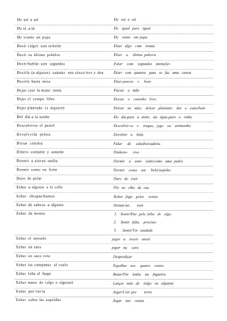 De sol a sol                                        De sol a sol

De tú a tú                                          De igual para igual

De viento en popa                                   De vento em popa

Decir (algo) con retintín                           Dizer algo com             ironia

Decir su última palabra                             Dizer     a     última palavra

Decir/hablar con segundas                           Falar     com        segundas       intenções

Decirle (a alguien) cuántas son cinco/tres y dos   Dizer com quantos paus se faz uma canoa

Decirle hasta misa                                 Dizer poucas          e     boas

Dejar caer la mano tonta                           Passar a mão

Dejar el campo libre                               Deixar o caminho livre

Dejar plantado (a alguien)                         Deixar na mão; deixar plantado; dar o cano/bolo

Del día a la noche                                 Do dia para a noite; da água para o vinho

Descubrirse el pastel                              Descobrir-se o             truque, jogo ou       artimanha

Devolverla pelota                                  Devolver a         bola

Dictar cátedra                                     Falar      de      cátedra/cadeira

Dinero contante y sonante                          Dinheiro         vivo

Dormir a pierna suelta                             Dormir         a sono          solto/como uma pedra

Dormir como un lirón                               Dormir         como       um     bebê/anjinho

Duro de pelar                                      Duro de roer

Echar a alguien a la calle                         Pôr no olho da rua

Echar chispas/humos                                Soltar fogo pelas               ventas

Echar de cabeza a alguien                          Denunciar,         trair

Echar de menos                                      1. Sentir/Dar pela falia de algo.

                                                   2.    Sentir falta, precisar.

                                                    3.      Sentir/Ter saudade

Echar el anzuelo                                   jogar a        isca/o anzol

Echar en cara                                      jogar na        cara

Echar en saco roto                                 Desperdiçar

Echar las campanas al vuelo                        Espalhar aos              quatro ventos

Echar leña al fuego                                Botar/Pôr       lenha       na      fogueira

Echar mano de (algo o alguien)                     Lançar mão de              (algo ou alguém)

Echar por tierra                                   Jogar/Cair por              terra

Echar sobre las espaldas                           Jogar nas         costas
 