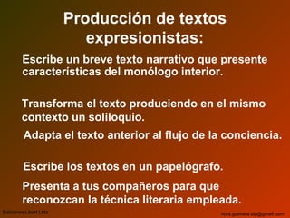 Producción de textos
expresionistas:
Escribe un breve texto narrativo que presente
características del monólogo interior.
Transforma el texto produciendo en el mismo
contexto un soliloquio.
Adapta el texto anterior al flujo de la conciencia.
Escribe los textos en un papelógrafo.
Presenta a tus compañeros para que
reconozcan la técnica literaria empleada.
Ediciones Libart Ltda. nora.guevara.sip@gmail.com
 