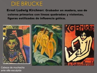 Ernst Ludwig Kirchner:   Grabador en madera, uso de colores primarios con líneas quebradas y violentas, figuras estilizadas de influencia gótica. Cabeza de muchacha ante silla esculpida 