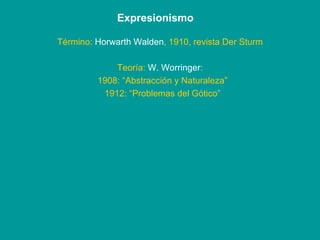 Expresionismo Término:  Horwarth Walden , 1910, revista Der Sturm Teoría:  W. Worringer : 1908: “Abstracción y Naturaleza” 1912: “Problemas del Gótico” 