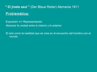 Problemática: Expresión =/= Representación Alcanzar la unidad entre lo interior y lo exterior El arte como la realidad que se crea en el encuentro del hombre con el mundo " El jinete azul   "  (Der Blaue Reiter) Alemania 1911 