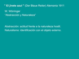 W. Wörringer “ Abstracción y Naturaleza” Abstracción: actitud frente a la naturaleza hostil. Naturalismo: identificación con el objeto externo. " El jinete azul   "  (Der Blaue Reiter) Alemania 1911 
