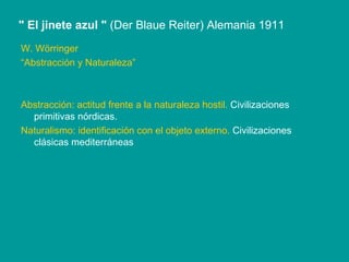 W. Wörringer “ Abstracción y Naturaleza” Abstracción: actitud frente a la naturaleza hostil.  Civilizaciones primitivas nórdicas. Naturalismo: identificación con el objeto externo.  Civilizaciones clásicas mediterráneas   " El jinete azul   "  (Der Blaue Reiter) Alemania 1911 