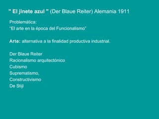 " El jinete azul   "  (Der Blaue Reiter) Alemania 1911 Problemática: “ El arte en la época del Funcionalismo” Arte:  alternativa a la finalidad productiva industrial. Der Blaue Reiter Racionalismo arquitectónico  Cubismo Suprematismo,  Constructivismo De Stijl 