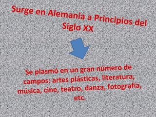 Surge en Alemania a Principios delSiglo XX
Se plasmó en un gran número de
campos: artes plásticas, literatura,
música, cine, teatro, danza, fotografía,
etc.
 