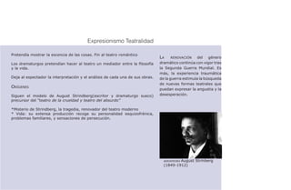 Expresionismo Teatralidad

Pretendía mostrar la escencia de las cosas. Fin al teatro romántico
                                                                               La   renovación      del género
Los dramaturgos pretendían hacer al teatro un mediador entre la filosofía      dramático continúa con vigor tras
y la vida.                                                                     la Segunda Guerra Mundial. Es
                                                                               más, la experiencia traumática
Deja al espectador la interpretación y el análisis de cada una de sus obras.   de la guerra estimula la búsqueda
                                                                               de nuevas formas teatrales que
Orígenes
                                                                               puedan expresar la angustia y la
Siguen el modelo de August Strindberg(escritor y dramaturgo sueco)             desesperación.
precursor del “teatro de la crueldad y teatro del absurdo”

*Misterio de Strindberg, la tragedia, renovador del teatro moderno
* Vida: su extensa producción recoge su personalidad esquizofrénica,
problemas familiares, y sensaciones de persecución.




                                                                                 autoretrato August Strinberg
                                                                                 (1849-1912)
 