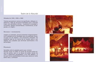 TEATRO




                                      Teatro de lo Absurdo

         Décadas de 1940, 1950 y 1960

         Tramas que parecen carecer de significado, diálogos re-
         petitivos y falta de secuencia dramática que a menudo
         crean una atmósfera onírica. Cuestiona la sociedad y
         al hombre. Rasgos característicos: incoherencia, el dis-
         parate y lo ilógico .



         Decorado   y escenografías

         Juegan un contraste, porque presentan imaginariamen-
         te la realidad de los mensajes que se pretenden llevar,
         al igual con los objetos y los accesorios utilizados. Se
         presenta todo en un marco de un mundo vacío y con
         objetos muy pesados que terminan dominando a los
         personajes.



         Personajes

         Sensibles ante la pasada guerra que vivieron
         Muchas veces no había un punto de acuerdo entre to-
         das las partes, pero si un abuso de poder, donde los
         ricos y poderosos atropellaban a los más débiles y a
         los que menos posibilidades tenían para sobrevivir ante
         tanto caos y confusión
 
