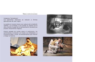 Obras   ejemplificadoras



Imágenes “Acreedores”
Los elementos interiores se        reducen    a   formas
geométricas de color negro.

La puesta en escena busca una ruptura de la tradición
realista y se arriesga a una puesta en abismo de la
obra, donde el juego de la representación develará sus
propios mecanismos trágicos.

Drama cargado de ironías sobre el matrimonio, los
sentimientos, la traición y el miedo a la infidelidad y a
la puja de ideas y lucha de pensamientos que marcan
a fuego la historia.
 