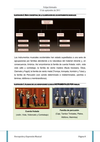 Felipe Gértrudix
                                     15 de septiembre de 2011

IIILUSTRACIIÓN 2...MAPA CONCEPTUAL DE LA CLASIIFIICACIIIÓN DE LOS IINSTRUMENTOS MUSIICALES
  L USTRAC IÓN 2 MAPA CONCEPTUAL DE LA CLAS IF ICAC Ó N DE LOS INSTRUMENTOS MUS ICALES
   LUSTRAC ÓN 2 MAPA CONCEPTUAL DE LA CLAS F CAC ÓN DE LOS NSTRUMENTOS MUS CALES




Los instrumentos musicales occidentales han estado supeditados a una serie de
agrupaciones por familias atendiendo a la naturaleza del material vibrante y, en
consecuencia, tímbrica. Así encontramos la familia de cuerda frotada: violín, viola
violo cello y contrabajo; la familia de viento madera (flauta travesera, Oboe,
Clarinete y Fagot); la familia de viento metal (Trompa, trompeta, trombón y Tuba) y
la familia de Percusión (con sonido determinado e indeterminados, parches o
láminas, idiófonos o membranófonos).

IIILUSTRACIIÓN 3...ALGUNAS DE LAS AGRUPACIIONES CLÁSIICAS IIINSTRUMENTALES POR FAMIILIIIAS
  L USTRAC IÓN 3 ALGUNAS DE LAS AGRUPAC IONES CLÁS ICAS N STRUMENTALES POR FAM IL A S
   LUSTRAC ÓN 3 ALGUNAS DE LAS AGRUPAC ONES CLÁS CAS NSTRUMENTALES POR FAM L AS




                                                                  Familia de percusión
                Cuerda frotada
                                                           (Caja, Tambor Timbales, Platos,
  (violín, Viola, Violoncelo y Contrabajo)
                                                                    Xilófono, Marimba)




Percepción y Expresión Musical                                                               Página 8
 