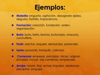 Ejemplos:


Molestia: angustia, agitación, desagrado ajobo,
disgusto, fastidio, impaciencia.



Formación: creación, fundación, orden,
organización.



Burla: bufa, befa, broma, bufonada, chacota,
cochufleta.



Pedir: solicitar, requerir, demandar, pretender.



Lento: pausado, tranquilo, calmoso.



Comenzar: empezar, principiar, iniciar, originar,
entablar, incoar, dar comienzo, emprender.



Arrojar: lanzar, tirar, echar, impulsar, abalanzar,
precipitar, empujar.

 