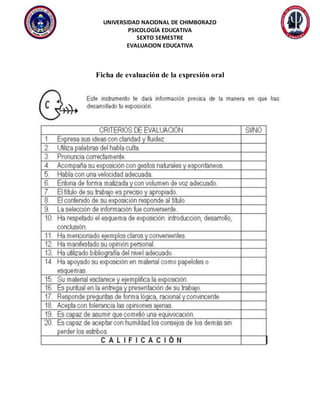 UNIVERSIDAD NACIONAL DE CHIMBORAZO
PSICOLOGÍA EDUCATIVA
SEXTO SEMESTRE
EVALUACION EDUCATIVA
Ficha de evaluación de la expresión oral
 