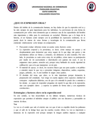 UNIVERSIDAD NACIONAL DE CHIMBORAZO
PSICOLOGÍA EDUCATIVA
SEXTO SEMESTRE
EVALUACION EDUCATIVA
¿QUE ES EXPRESION ORAL?
Dentro del ámbito de la comunicación humana, no hay dudas de que la expresión oral es y
ha sido siempre de gran importancia para los individuos. La pervivencia de esta forma de
comunicación por sobre otras demuestra que es entonces una de las capacidades del hombre
más importantes y útiles para la convivencia en sociedad. Mientras que a lo largo de la
historia, el ser humano contó siempre con la posibilidad de expresarse oralmente, no se
puede decir lo mismo de otras formas y tecnologías de la comunicación que llevan
existiendo relativamente corto tiempo en comparación.
 Para poder evaluar debemos tomar en cuenta varios factores como:
 La expresión corporal y la proxémica, es decir, cómo manejo mi cuerpo y mi
desplazamiento para demostrar que estoy seguro de lo que digo, mis gestos y mis
movimientos deben ser firmes y cómodos, sin disfuerzos ni aires teatrales. Por otro
lado, la proxémica es cuán cerca estoy de mi público, cómo marco su participación
por medio de mi acercamiento e interrelación con quienes me oyen. A eso le
asignamos cinco puntos, atención acá, porque estoy hablando de escala vigesimal de
calificación que es la que manejamos en mi país.
 El material de apoyo, es decir, los recursos físicos que uso para ayudar a mi público
a entender mejor lo que voy a presentar: imágenes, diapositivas, audios, esquemas,
juegos, películas, etc. A esto también le asigno cinco puntos.
 El dominio del tema, que claro, es lo más importante porque demuestra la
preparación del estudiante. Acá tengo en cuenta algunos otros aspectos: claridad de
conceptos explicación didáctica, eso de que si lo entendió lo puede dar a entender a
los demás es capaz de responder preguntas sin repetir lo que dijo en la exposición,
sino con ejemplos claros y expresa su opinión de forma clara y con argumentos
convincentes.
Estrategias y factores clave en la expresión oral
En este sentido, se han desarrollado en los últimos tiempos, numerosas técnicas de
exposición que permiten al individuo atrapar al público con sus discursos y persuadirlo en
materia de ideas.
Voz
La voz es el sonido que sale al exterior una vez que el aire es expelido desde los pulmones
y que al salir de la laringe hace que las cuerdas vocales vibren. La voz es importante a
instancias de la expresión oral porque siempre la imagen auditiva impacta a cualquier
 