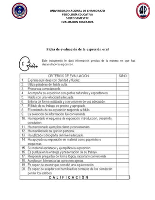 UNIVERSIDAD NACIONAL DE CHIMBORAZO
PSICOLOGÍA EDUCATIVA
SEXTO SEMESTRE
EVALUACION EDUCATIVA
Ficha de evaluación de la expresión oral
 