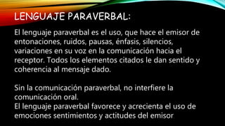 LENGUAJE PARAVERBAL:
El lenguaje paraverbal es el uso, que hace el emisor de
entonaciones, ruidos, pausas, énfasis, silencios,
variaciones en su voz en la comunicación hacia el
receptor. Todos los elementos citados le dan sentido y
coherencia al mensaje dado.
Sin la comunicación paraverbal, no interfiere la
comunicación oral.
El lenguaje paraverbal favorece y acrecienta el uso de
emociones sentimientos y actitudes del emisor.
 