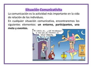 Situación Comunicativita
La comunicación es la actividad más importante en la vida
de relación de los individuos.
En cualquier situación comunicativa, encontraremos los
siguientes elementos: un entorno, participantes, una
meta y eventos.

 
