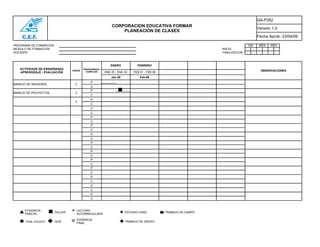 GA-F052
                                                          CORPORACION EDUCATIVA FORMAR
                                                                                                                                  Versión 1,0
                                                              PLANEACIÓN DE CLASES
                                                                                                                                  Fecha Aprob: 23/04/09

PROGRAMA DE FORMACION                                                                                                       DIA    MES   AÑO
MODULO DE FORMACION                                                                                          INICIO
DOCENTE                                                                                                      FINALIZACION



                                                          ENERO           FEBRERO
   ACTIVIDADE DE ESNSEÑANZA              PROGRAMADO
                                 HORAS                                                                                              OBSERVACIONES
   APRENDIZAJE - EVALUACIÓN                CUMPLIDO   ENE 25 - ENE 30   FEB 01 - FEB 06
                                                          Jan-30            Feb-06
                                             P
MANEJO DE IMÁGENES                   2
                                             C
                                             P
MANEJO DE PROYECTOS                  3
                                             C
                                             P
                                     4
                                             C
                                             P
                                             C
                                             P
                                             C
                                             P
                                             C
                                             P
                                             C
                                             P
                                             C
                                             P
                                             C
                                             P
                                             C
                                             P
                                             C
                                             P
                                             C
                                             P
                                             C
                                             P
                                             C



      EVIDENCIA
      PARCIAL
                        TALLER   *   LECTURA
                                     AUTORREGULADA
                                                                   ESTUDIO CASO           TRABAJO DE CAMPO


      TRAB, ESCRITO     QUIZ     = EVIDENCIA
                                   FINAL
                                                                   TRABAJO DE GRUPO
 