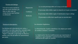 Técnicas del dialogo:
Uno de los textos narrativos
que más cuesta dominar, por
tanto se debe regir por
ciertas técnicas que facilitan
su utilización.
Disposición
Confianza
Reflexión
La voz del personaje debe ser la suya, no la tuya
El personaje debe hablar según la situación en la que se encuentre
El personaje debe hablar según el interlocutor al que se dirige
El personaje no debe decir aquello que no necesita decir
Técnicas de descripción :
Las técnicas de la descripción son varias, y
responden a un orden específico, teniendo como
primer punto la identificación del “algo” u
“objeto” a describir, el que luego se observa y
analiza, con el fin de hallar las características
que posee.
los elementos lingüísticos
La Denominación: Ayuda a identificar a los objetos por medio
de nombres comunes y corrientes.
La Adjetivación: Son las modificaciones que experimenta el
sustantivo y que responden a caracterizaciones específicas y
calificativas del sujeto en cuestión.
 