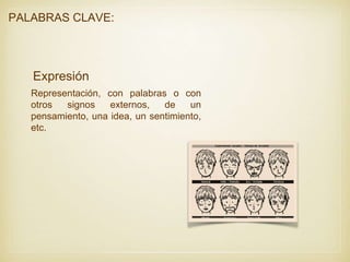 PALABRAS CLAVE:
Expresión
Representación, con palabras o con
otros signos externos, de un
pensamiento, una idea, un sentim...
