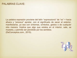 PALABRAS CLAVE:
La palabra expresión proviene del latín “expressionis” de “ex” = hacia
afuera y “pressus” apretar, con el ...