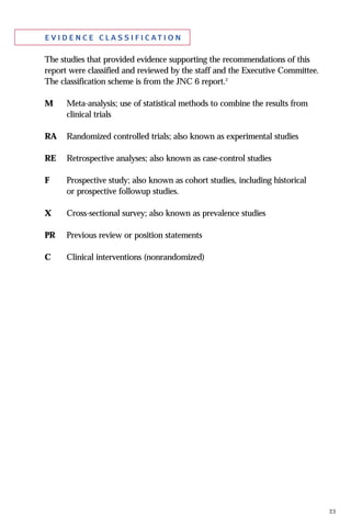 23
evidence classification
The studies that provided evidence supporting the recommendations of this
report were classified and reviewed by the staff and the Executive Committee.
The classification scheme is from the JNC 6 report.2
M Meta-analysis; use of statistical methods to combine the results from
clinical trials
RA Randomized controlled trials; also known as experimental studies
RE Retrospective analyses; also known as case-control studies
F Prospective study; also known as cohort studies, including historical
or prospective followup studies.
X Cross-sectional survey; also known as prevalence studies
PR Previous review or position statements
C Clinical interventions (nonrandomized)
 