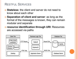 RESTFUL SERVICES
 Stateless: the client and server do not need to
know about each other
 Separation of client and server: as long as the
format of the messages is known, they can remain
modular and separate
 resource identification through URI: Resources
are accessed via paths
 
