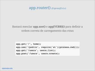 app.router() (ExpressJS 4.x)
expressjs.com
Bastará mesclar app.use() e app[VERB]() para definir a
ordem correta de carregamento das rotas
 