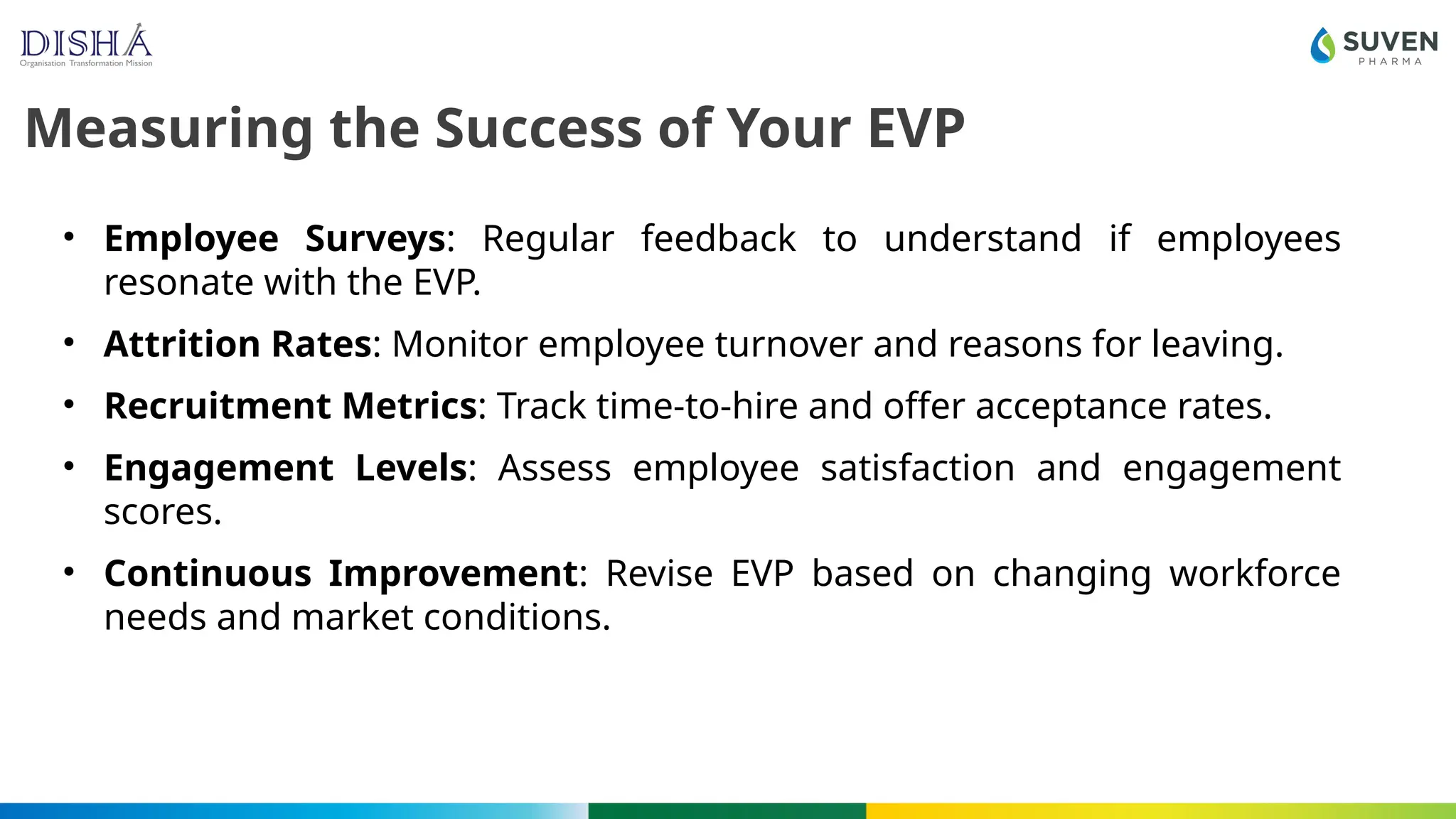 Measuring the Success of Your EVP
• Employee Surveys: Regular feedback to understand if employees
resonate with the EVP.
• Attrition Rates: Monitor employee turnover and reasons for leaving.
• Recruitment Metrics: Track time-to-hire and offer acceptance rates.
• Engagement Levels: Assess employee satisfaction and engagement
scores.
• Continuous Improvement: Revise EVP based on changing workforce
needs and market conditions.
 