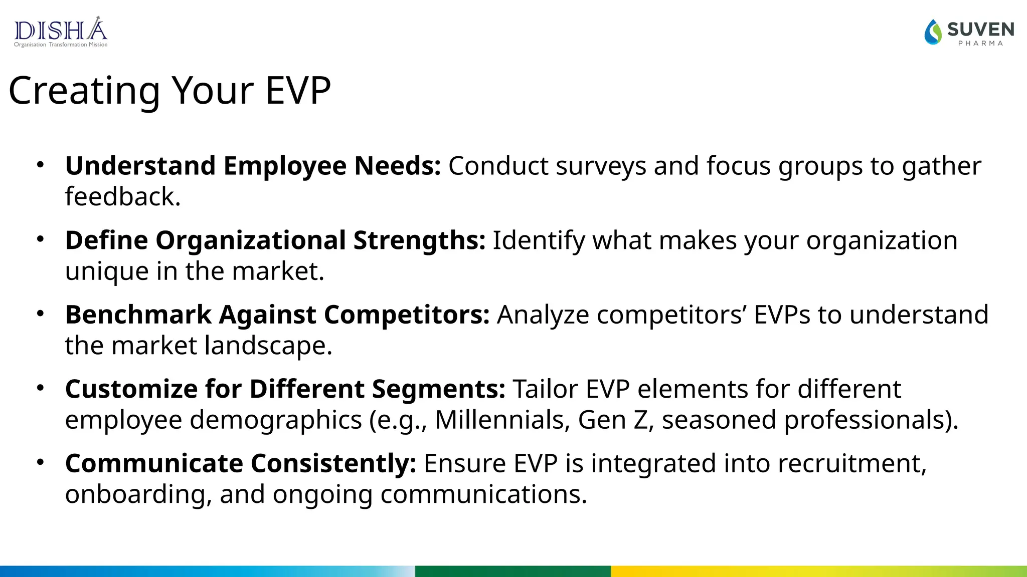 Creating Your EVP
• Understand Employee Needs: Conduct surveys and focus groups to gather
feedback.
• Define Organizational Strengths: Identify what makes your organization
unique in the market.
• Benchmark Against Competitors: Analyze competitors’ EVPs to understand
the market landscape.
• Customize for Different Segments: Tailor EVP elements for different
employee demographics (e.g., Millennials, Gen Z, seasoned professionals).
• Communicate Consistently: Ensure EVP is integrated into recruitment,
onboarding, and ongoing communications.
 