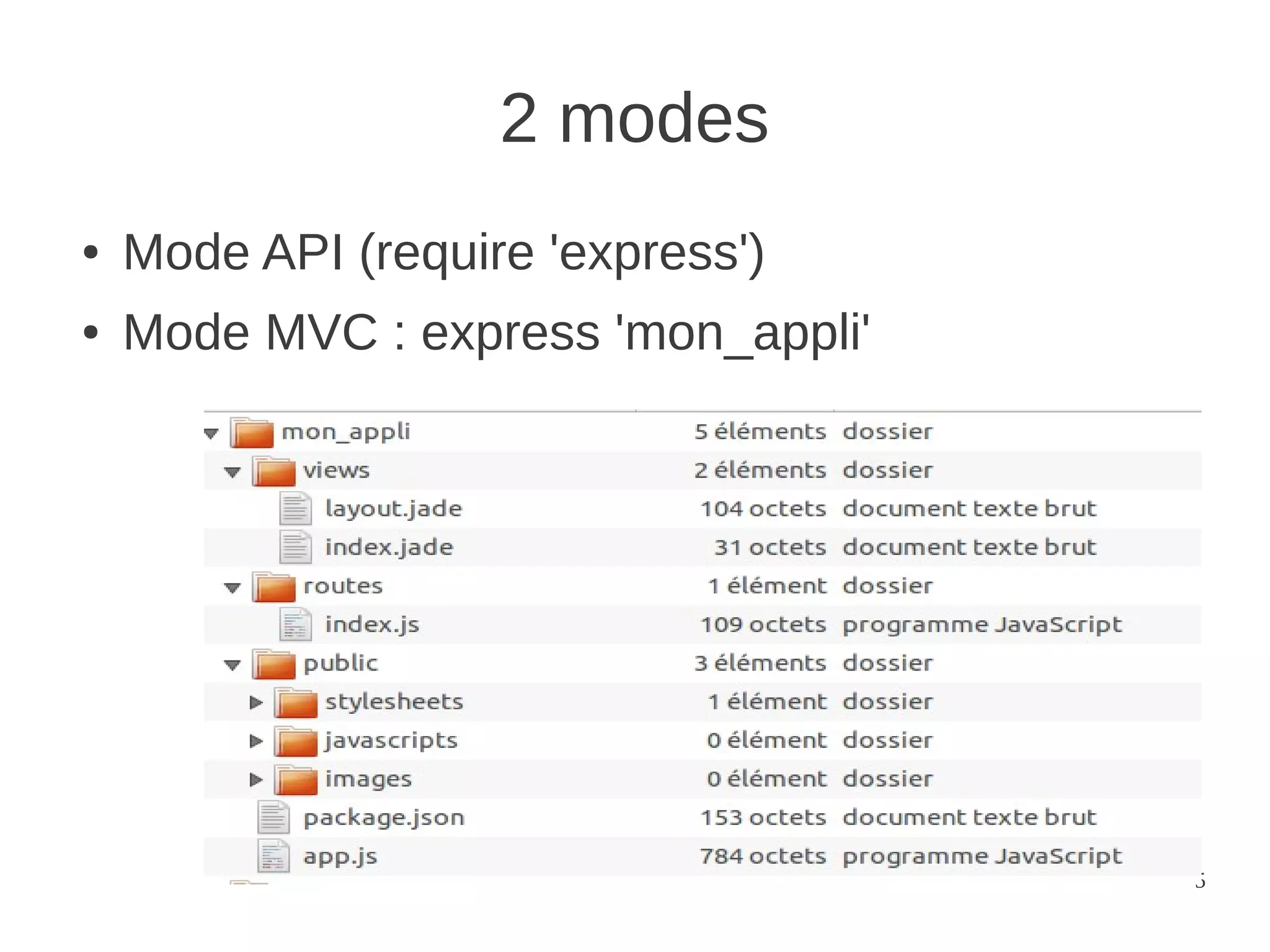 2 modes
●   Mode API (require 'express')
●   Mode MVC : express 'mon_appli'




                                     5
 