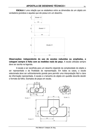 APOSTILA DE DESENHO TÉCNICO I
Prof. Márcio F. Catapan, Dr. Eng.
18
ESCALA é uma relação que se estabelece entre as dimensões de um objeto em
verdadeira grandeza e aquelas que ele possui em um desenho.
Observações: independente do uso de escalas reduzidas ou ampliadas, a
cotagem sempre é feita com as medidas reais da peça. A escala utilizada sempre
deve ser escrita na legenda.
A escala a ser escolhida para um desenho depende da complexidade do objeto a
ser representado e da finalidade da representação. Em todos os casos, a escala
selecionada deve ser suficientemente grande para permitir uma interpretação fácil e clara
da informação representada. A escala e o tamanho do objeto em questão deverão decidir
o formato da folha. Exemplos de peças em escala.
 