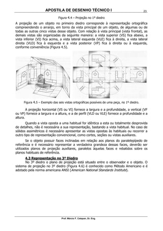 APOSTILA DE DESENHO TÉCNICO I
Prof. Márcio F. Catapan, Dr. Eng.
23
Figura 4.4 – Projeção no 1º diedro
A projeção de um objeto no primeiro diedro corresponde à representação ortográfica
compreendendo o arranjo, em torno da vista principal de um objeto, de algumas ou de
todas as outras cinco vistas desse objeto. Com relação à vista principal (vista frontal), as
demais vistas são organizadas da seguinte maneira: a vista superior (VS) fica abaixo, a
vista inferior (VI) fica acima, a vista lateral esquerda (VLE) fica à direita, a vista lateral
direita (VLD) fica à esquerda e a vista posterior (VP) fica à direita ou à esquerda,
conforme conveniência (Figura 4.5).
Figura 4.5 – Exemplo das seis vistas ortográficas possíveis de uma peça, no 1º diedro.
A projeção horizontal (VS ou VI) fornece a largura e a profundidade, a vertical (VF
ou VP) fornece a largura e a altura, e a de perfil (VLD ou VLE) fornece a profundidade e a
altura.
Quando a vista oposta a uma habitual for idêntica a esta ou totalmente desprovida
de detalhes, não é necessária a sua representação, bastando a vista habitual. No caso de
sólidos assimétricos é necessário apresentar as vistas opostas às habituais ou recorrer a
outro tipo de representação convencional, como cortes, seções ou vistas auxiliares.
Se o objeto possuir faces inclinadas em relação aos planos do paralelepípedo de
referência e é necessário representar a verdadeira grandeza dessas faces, deverão ser
utilizados planos de projeção auxiliares, paralelos àquelas faces e rebatidos sobre os
planos habituais de referência.
4.3 Representação no 3º Diedro
No 3º diedro o plano de projeção está situado entre o observador e o objeto. O
sistema de projeção no 3º diedro (Figura 4.6) é conhecido como Método Americano e é
adotado pela norma americana ANSI (American National Standards Institute).
 