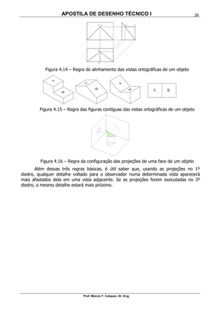 APOSTILA DE DESENHO TÉCNICO I
Prof. Márcio F. Catapan, Dr. Eng.
28
Figura 4.14 – Regra do alinhamento das vistas ortográficas de um objeto
Figura 4.15 – Regra das figuras contíguas das vistas ortográficas de um objeto
Figura 4.16 – Regra da configuração das projeções de uma face de um objeto
Além dessas três regras básicas, é útil saber que, usando as projeções no 1º
diedro, qualquer detalhe voltado para o observador numa determinada vista aparecerá
mais afastados dela em uma vista adjacente. Se as projeções forem executadas no 3º
diedro, o mesmo detalhe estará mais próximo.
 
