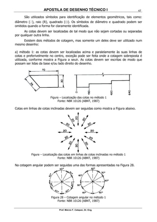 APOSTILA DE DESENHO TÉCNICO I
Prof. Márcio F. Catapan, Dr. Eng.
47
São utilizados símbolos para identificação de elementos geométricos, tais como:
diâmetro ( ), raio (R), quadrado (□). Os símbolos de diâmetro e quadrado podem ser
omitidos quando a forma for claramente identificada.
As cotas devem ser localizadas de tal modo que não sejam cortadas ou separadas
por qualquer outra linha.
Existem dois métodos de cotagem, mas somente um deles deve ser utilizado num
mesmo desenho:
a) método 1: as cotas devem ser localizadas acima e paralelamente às suas linhas de
cotas e preferivelmente no centro, exceção pode ser feita onde a cotagem sobreposta é
utilizada, conforme mostra a Figura a seuir. As cotas devem ser escritas de modo que
possam ser lidas da base e/ou lado direito do desenho.
Figura – Localização das cotas no método 1
Fonte: NBR 10126 (ABNT, 1987)
Cotas em linhas de cotas inclinadas devem ser seguidas como mostra a Figura abaixo.
Figura – Localização das cotas em linhas de cotas inclinadas no método 1
Fonte: NBR 10126 (ABNT, 1987)
Na cotagem angular podem ser seguidas uma das formas apresentadas na Figura 28.
Figura 28 – Cotagem angular no método 1
Fonte: NBR 10126 (ABNT, 1987)
 