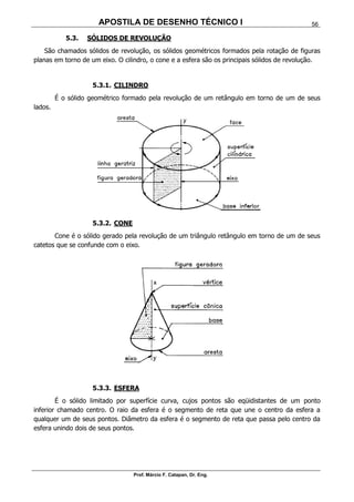APOSTILA DE DESENHO TÉCNICO I
Prof. Márcio F. Catapan, Dr. Eng.
56
5.3. SÓLIDOS DE REVOLUÇÃO
São chamados sólidos de revolução, os sólidos geométricos formados pela rotação de figuras
planas em torno de um eixo. O cilindro, o cone e a esfera são os principais sólidos de revolução.
5.3.1. CILINDRO
É o sólido geométrico formado pela revolução de um retângulo em torno de um de seus
lados.
5.3.2. CONE
Cone é o sólido gerado pela revolução de um triângulo retângulo em torno de um de seus
catetos que se confunde com o eixo.
5.3.3. ESFERA
É o sólido limitado por superfície curva, cujos pontos são eqüidistantes de um ponto
inferior chamado centro. O raio da esfera é o segmento de reta que une o centro da esfera a
qualquer um de seus pontos. Diâmetro da esfera é o segmento de reta que passa pelo centro da
esfera unindo dois de seus pontos.
 