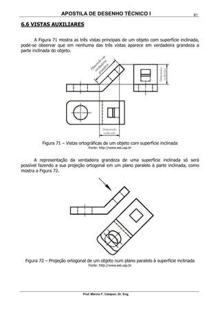 APOSTILA DE DESENHO TÉCNICO I
Prof. Márcio F. Catapan, Dr. Eng.
81
6.6 VISTAS AUXILIARES
A Figura 71 mostra as três vistas principais de um objeto com superfície inclinada,
pode-se observar que em nenhuma das três vistas aparece em verdadeira grandeza a
parte inclinada do objeto.
Figura 71 – Vistas ortográficas de um objeto com superfície inclinada
Fonte: http://www.eel.usp.br
A representação da verdadeira grandeza de uma superfície inclinada só será
possível fazendo a sua projeção ortogonal em um plano paralelo à parte inclinada, como
mostra a Figura 72.
Figura 72 – Projeção ortogonal de um objeto num plano paralelo à superfície inclinada
Fonte: http://www.eel.usp.br
 