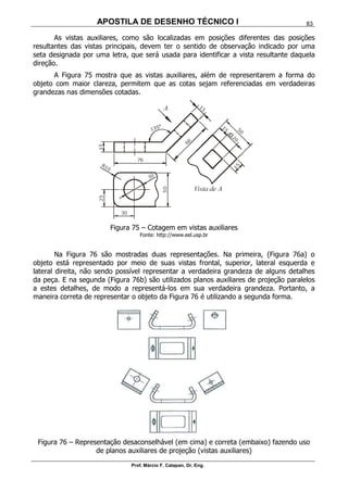 APOSTILA DE DESENHO TÉCNICO I
Prof. Márcio F. Catapan, Dr. Eng.
83
As vistas auxiliares, como são localizadas em posições diferentes das posições
resultantes das vistas principais, devem ter o sentido de observação indicado por uma
seta designada por uma letra, que será usada para identificar a vista resultante daquela
direção.
A Figura 75 mostra que as vistas auxiliares, além de representarem a forma do
objeto com maior clareza, permitem que as cotas sejam referenciadas em verdadeiras
grandezas nas dimensões cotadas.
Figura 75 – Cotagem em vistas auxiliares
Fonte: http://www.eel.usp.br
Na Figura 76 são mostradas duas representações. Na primeira, (Figura 76a) o
objeto está representado por meio de suas vistas frontal, superior, lateral esquerda e
lateral direita, não sendo possível representar a verdadeira grandeza de alguns detalhes
da peça. E na segunda (Figura 76b) são utilizados planos auxiliares de projeção paralelos
a estes detalhes, de modo a representá-los em sua verdadeira grandeza. Portanto, a
maneira correta de representar o objeto da Figura 76 é utilizando a segunda forma.
Figura 76 – Representação desaconselhável (em cima) e correta (embaixo) fazendo uso
de planos auxiliares de projeção (vistas auxiliares)
 