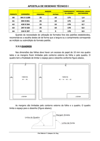 APOSTILA DE DESENHO TÉCNICO I
Prof. Márcio F. Catapan, Dr. Eng.
9
FORMATO DIMENSÕES
MARGEM COMPRIMENTO
DA LEGENDA
ESPESSURA LINHAS
DAS MARGENS
ESQUERDA OUTRAS
A0 841 X 1189 25 10 175 1,4
A1 594 X 841 25 10 175 1,0
A2 420 X 594 25 10 178 0,7
A3 297 X 420 25 10 178 0,5
A4 210 X 297 25 5 178 0,5
Quando da necessidade de utilização de formatos fora dos padrões estabelecidos,
recomenda-se a escolha destes de tal forma que a largura ou o comprimento corresponda
ao múltiplo ou submúltiplo do formato padrão.
2.3.2.QUADROS
Nas dimensões das folhas deve haver um excesso de papel de 10 mm nos quatro
lados e as margens ficam limitadas pelo contorno externo da folha e pelo quadro. O
quadro tem a finalidade de limitar o espaço para o desenho conforme figura abaixo.
As margens são limitadas pelo contorno externo da folha e o quadro. O quadro
limita o espaço para o desenho (Figura abaixo).
 