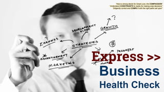 Express >>
Business
Health Check
“Have a strong desire for Great Love, the COMPASSION”
“Understand CONSTRAINTS to reality for making wise decisions”
“Diligently correct and COMPLY with the right paths set upon”
 