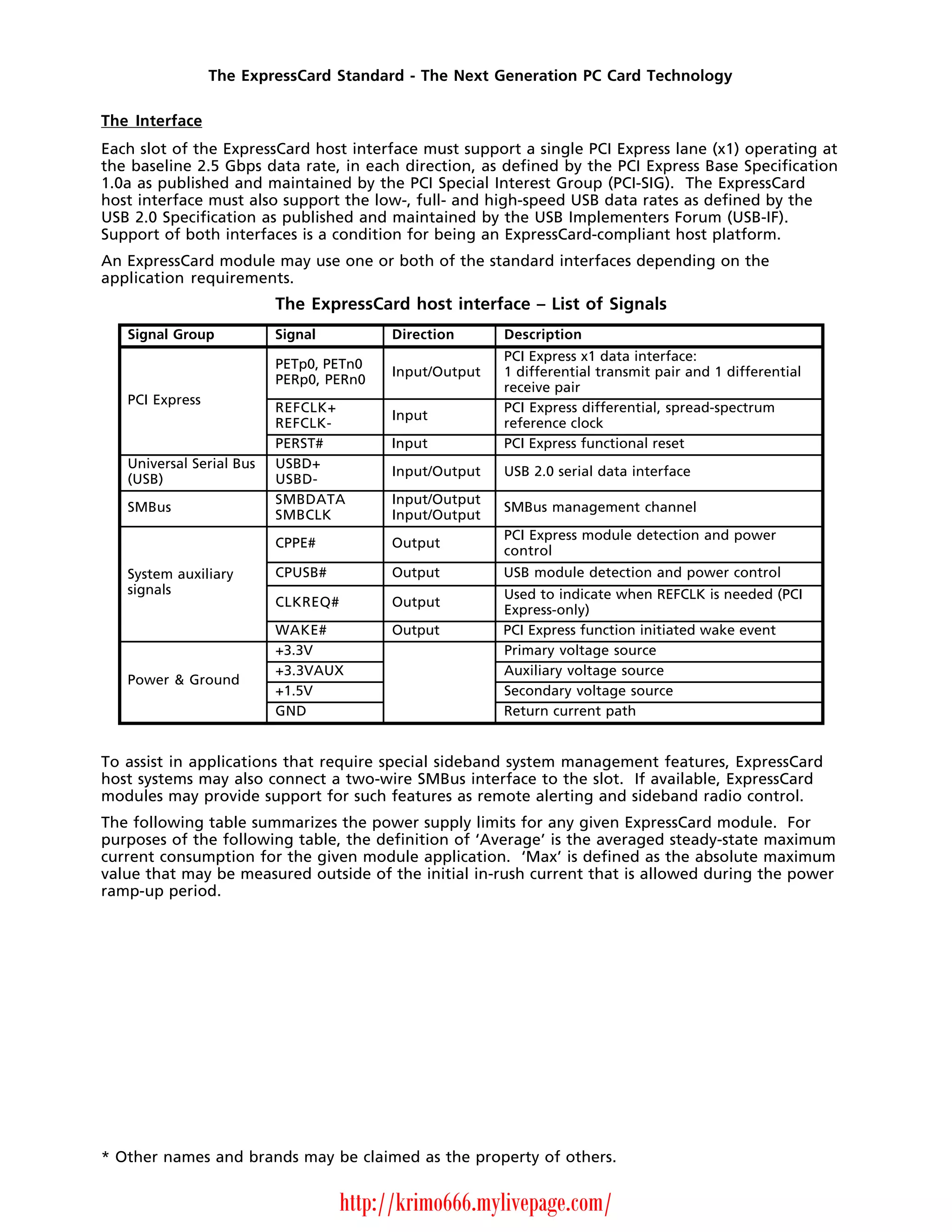 The ExpressCard Standard - The Next Generation PC Card Technology

The Interface
Each slot of the ExpressCard host interface must support a single PCI Express lane (x1) operating at
the baseline 2.5 Gbps data rate, in each direction, as defined by the PCI Express Base Specification
1.0a as published and maintained by the PCI Special Interest Group (PCI-SIG). The ExpressCard
host interface must also support the low-, full- and high-speed USB data rates as defined by the
USB 2.0 Specification as published and maintained by the USB Implementers Forum (USB-IF).
Support of both interfaces is a condition for being an ExpressCard-compliant host platform.
An ExpressCard module may use one or both of the standard interfaces depending on the
application requirements.
                          The ExpressCard host interface – List of Signals
   Signal Group           Signal         Direction      Description
                                                        PCI Express x1 data interface:
                          PETp0, PETn0
                                         Input/Output   1 differential transmit pair and 1 differential
                          PERp0, PERn0
                                                        receive pair
   PCI Express
                          REFCLK+                       PCI Express differential, spread-spectrum
                                         Input
                          REFCLK-                       reference clock
                          PERST#         Input          PCI Express functional reset
   Universal Serial Bus   USBD+
                                         Input/Output   USB 2.0 serial data interface
   (USB)                  USBD-
                          SMBDATA        Input/Output
   SMBus                                                SMBus management channel
                          SMBCLK         Input/Output
                                                        PCI Express module detection and power
                          CPPE#          Output
                                                        control
   System auxiliary       CPUSB#         Output         USB module detection and power control
   signals                                              Used to indicate when REFCLK is needed (PCI
                          CLKREQ#        Output
                                                        Express-only)
                          WAKE#          Output         PCI Express function initiated wake event
                          +3.3V                         Primary voltage source
                          +3.3VAUX                      Auxiliary voltage source
   Power & Ground
                          +1.5V                         Secondary voltage source
                          GND                           Return current path


To assist in applications that require special sideband system management features, ExpressCard
host systems may also connect a two-wire SMBus interface to the slot. If available, ExpressCard
modules may provide support for such features as remote alerting and sideband radio control.
The following table summarizes the power supply limits for any given ExpressCard module. For
purposes of the following table, the definition of ‘Average’ is the averaged steady-state maximum
current consumption for the given module application. ‘Max’ is defined as the absolute maximum
value that may be measured outside of the initial in-rush current that is allowed during the power
ramp-up period.




* Other names and brands may be claimed as the property of others.


                                    http://krimo666.mylivepage.com/
 